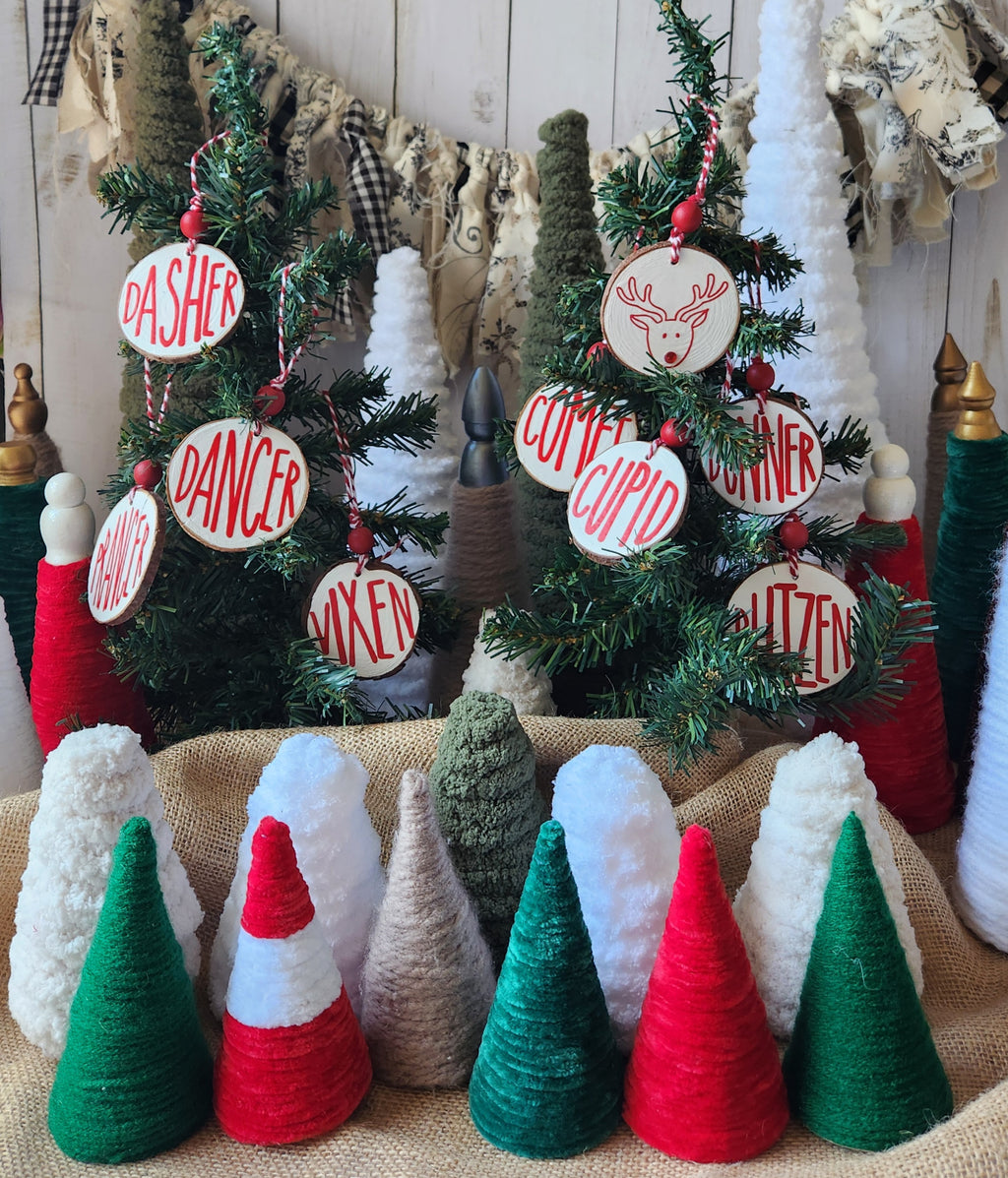 Reindeer Names Wood Slice Ornaments Red Vinyl on White