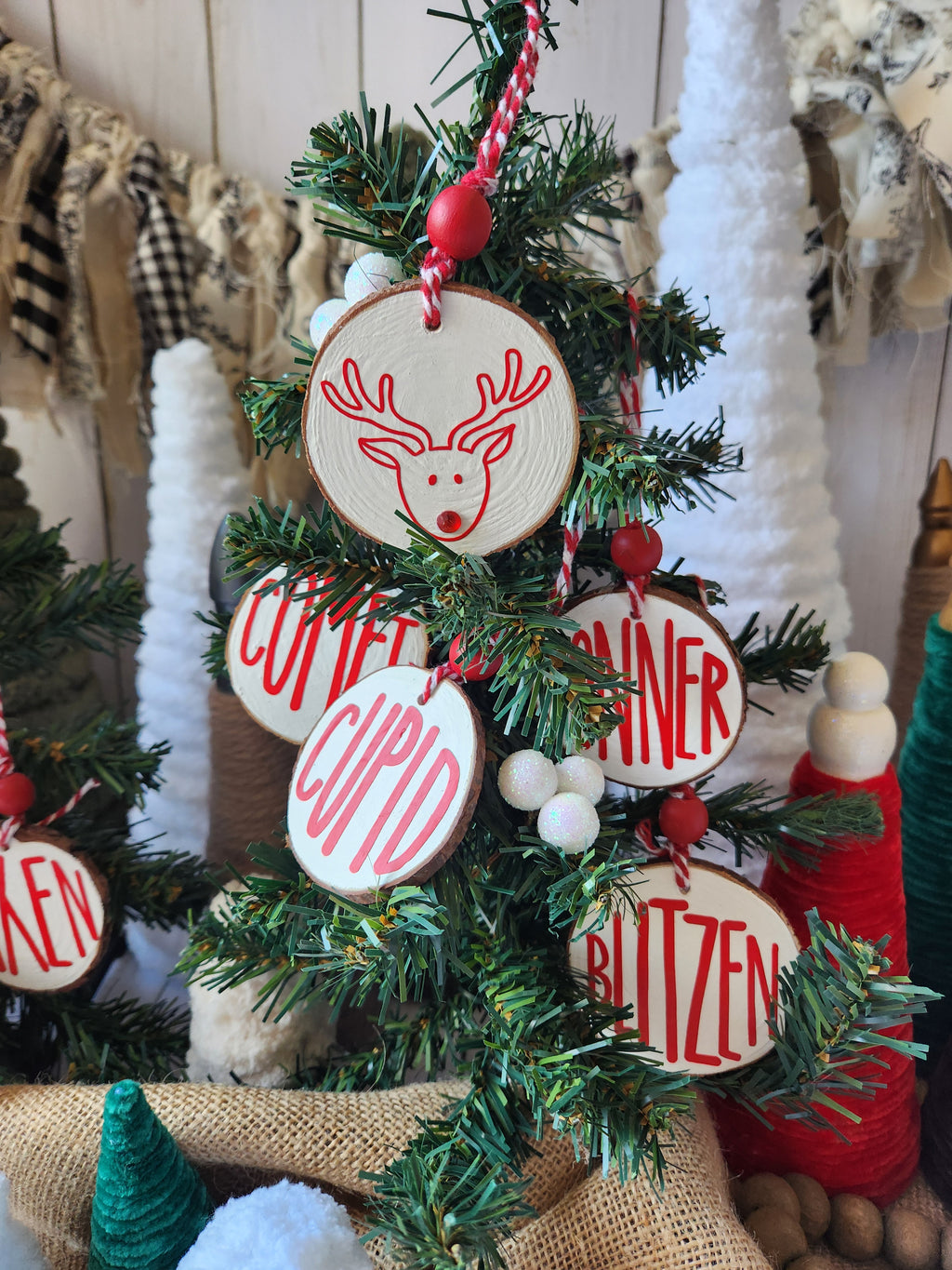 Reindeer Names Wood Slice Ornaments Red Vinyl on White