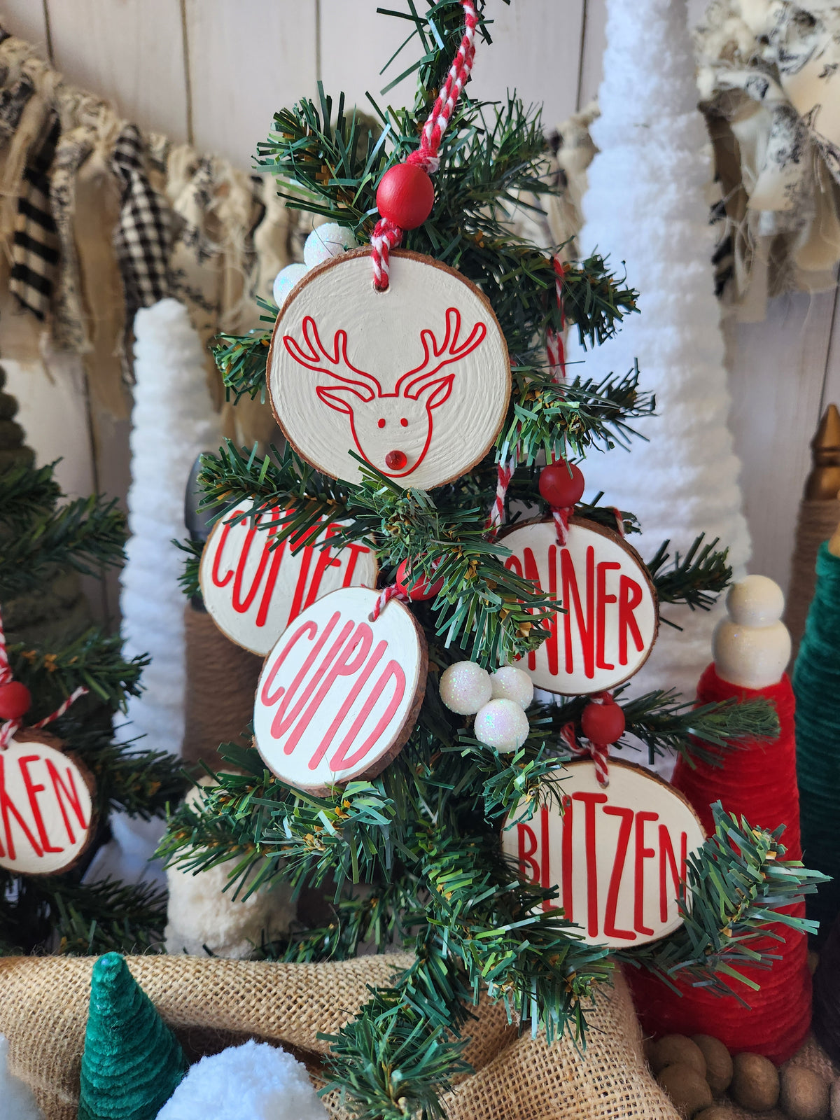 Reindeer Names Wood Slice Ornaments Red Vinyl on White