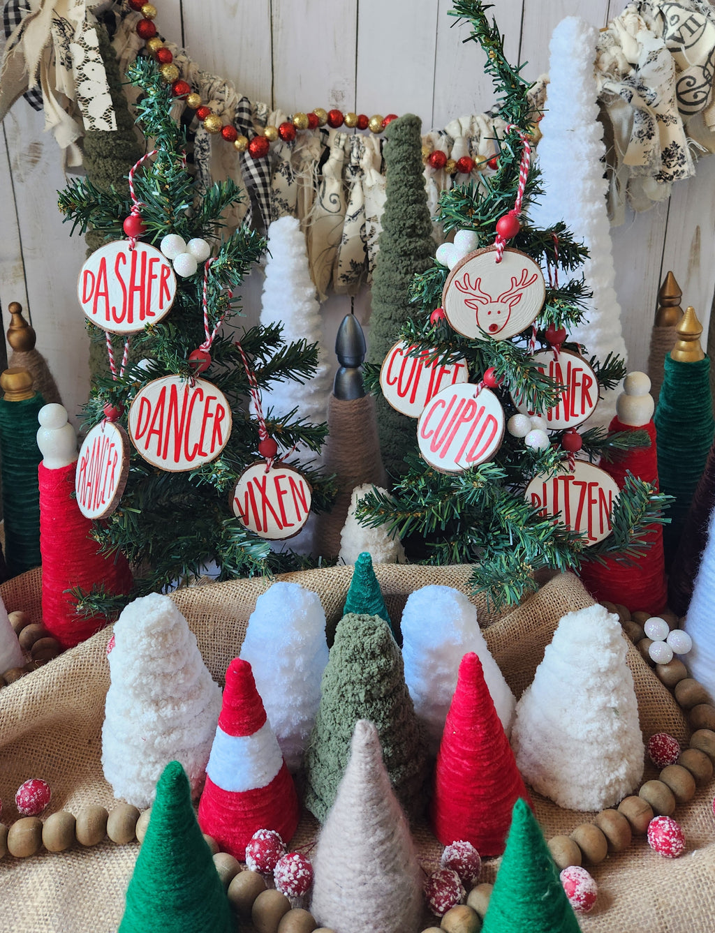 Reindeer Names Wood Slice Ornaments Red Vinyl on White
