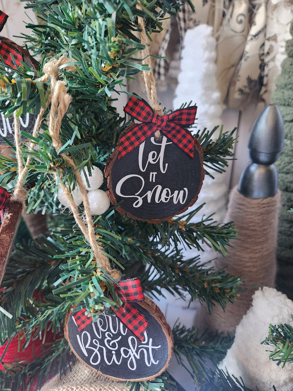 Christmas Song Phrases Wood Slice Ornaments Red bow