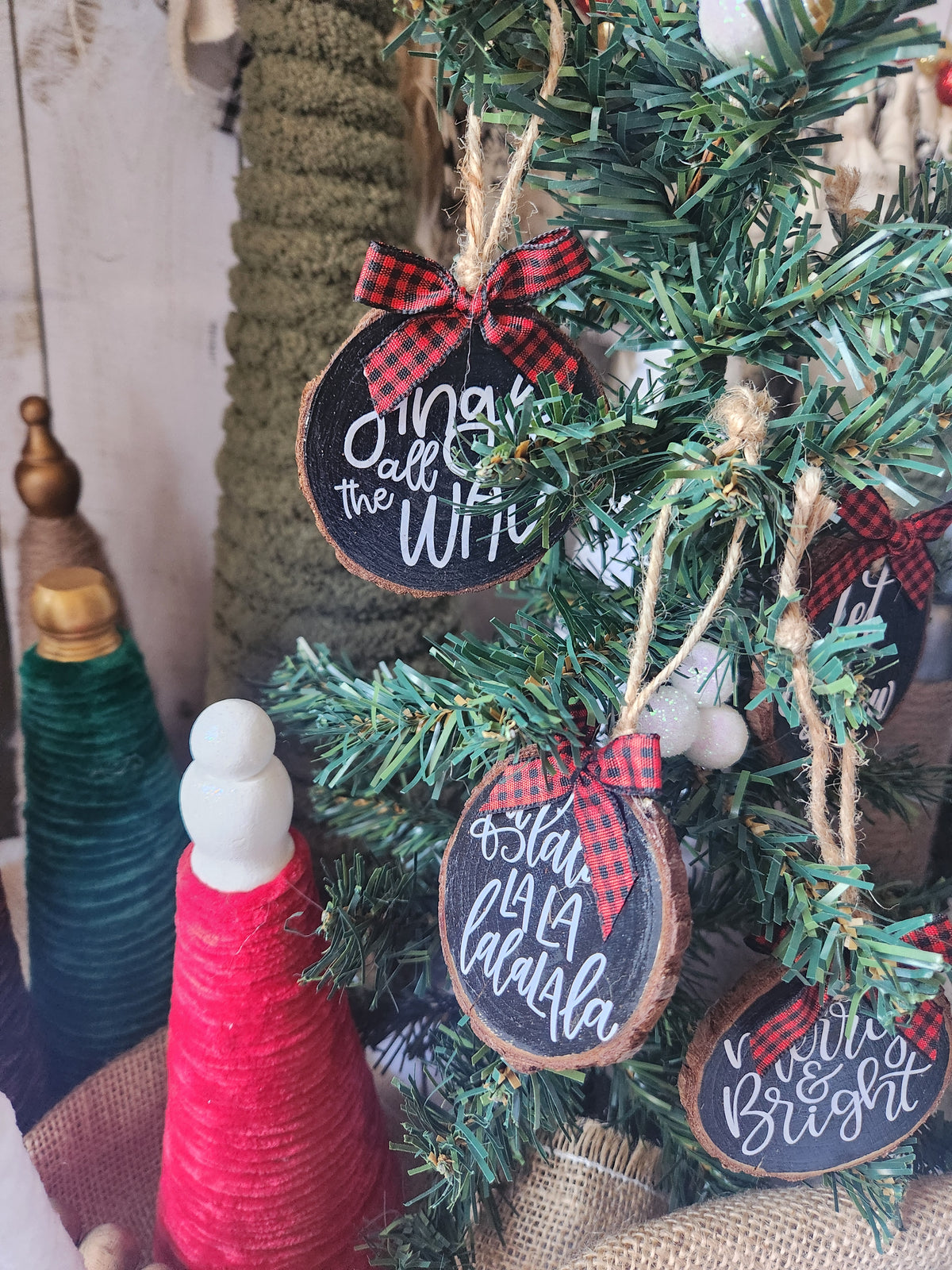 Christmas Song Phrases Wood Slice Ornaments Red bow