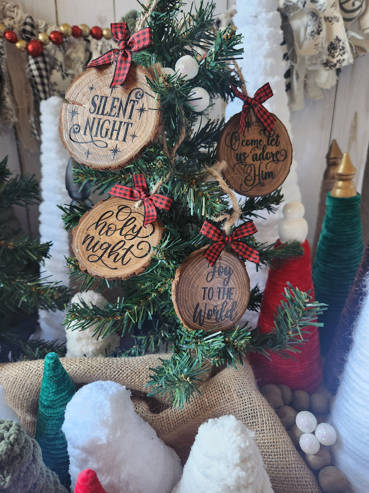 Religious Wood Slice Ornaments w/ Red Bow