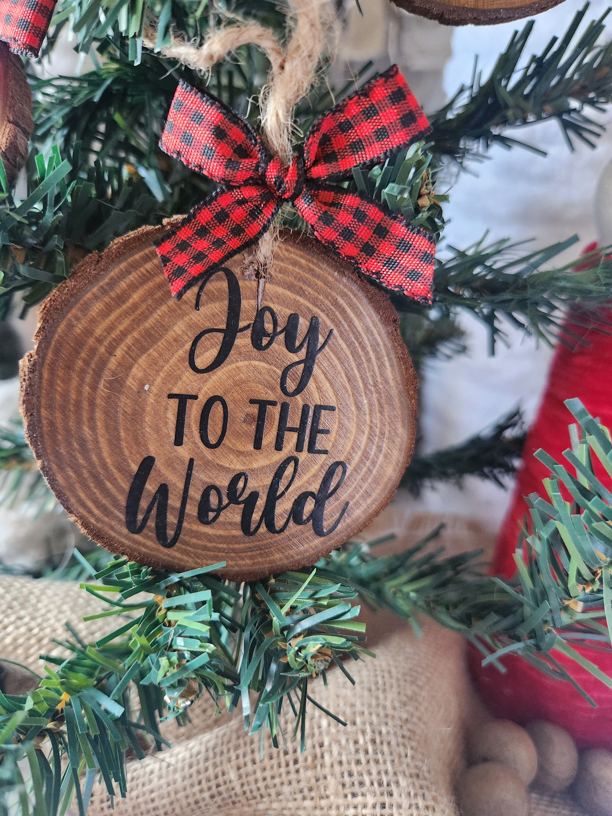 Religious Wood Slice Ornaments w/ Red Bow