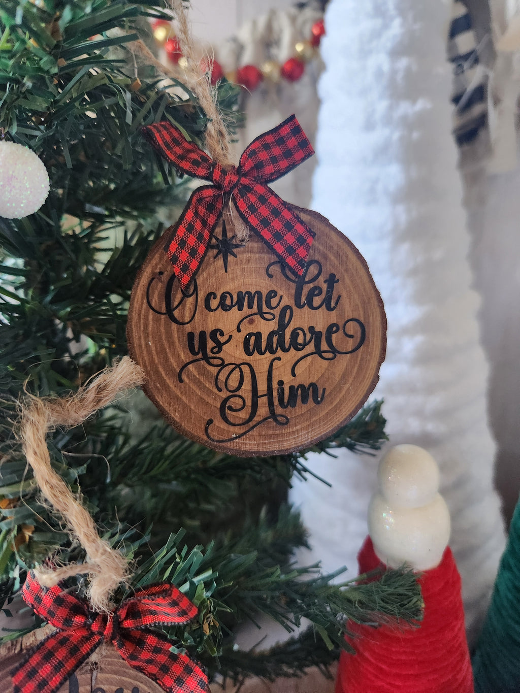 Religious Wood Slice Ornaments w/ Red Bow