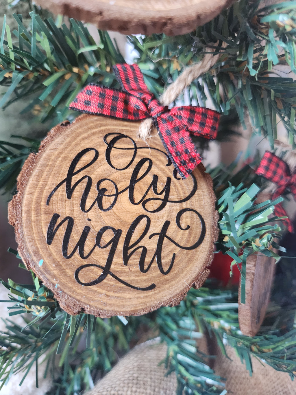 Religious Wood Slice Ornaments w/ Red Bow