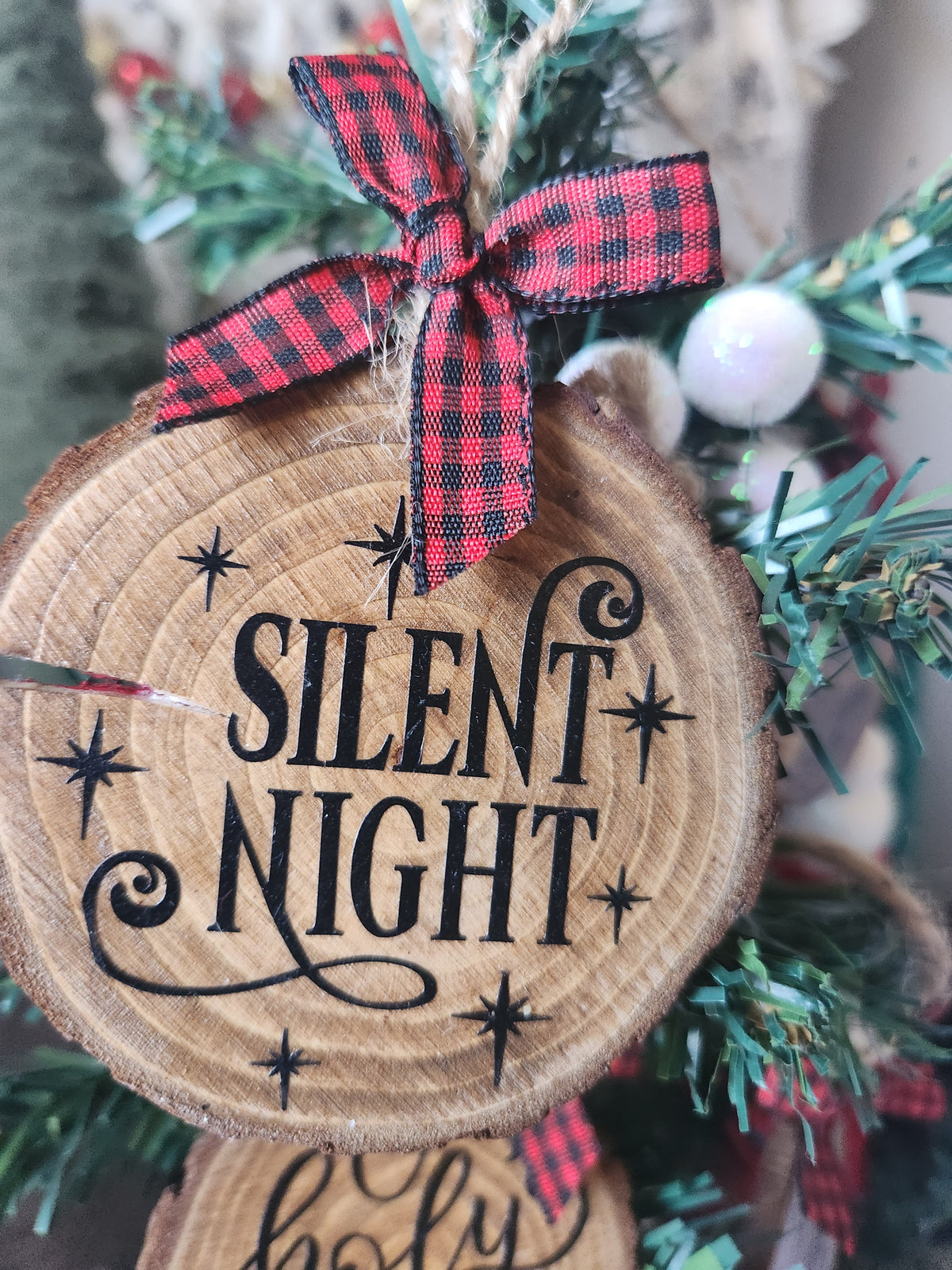 Religious Wood Slice Ornaments w/ Red Bow