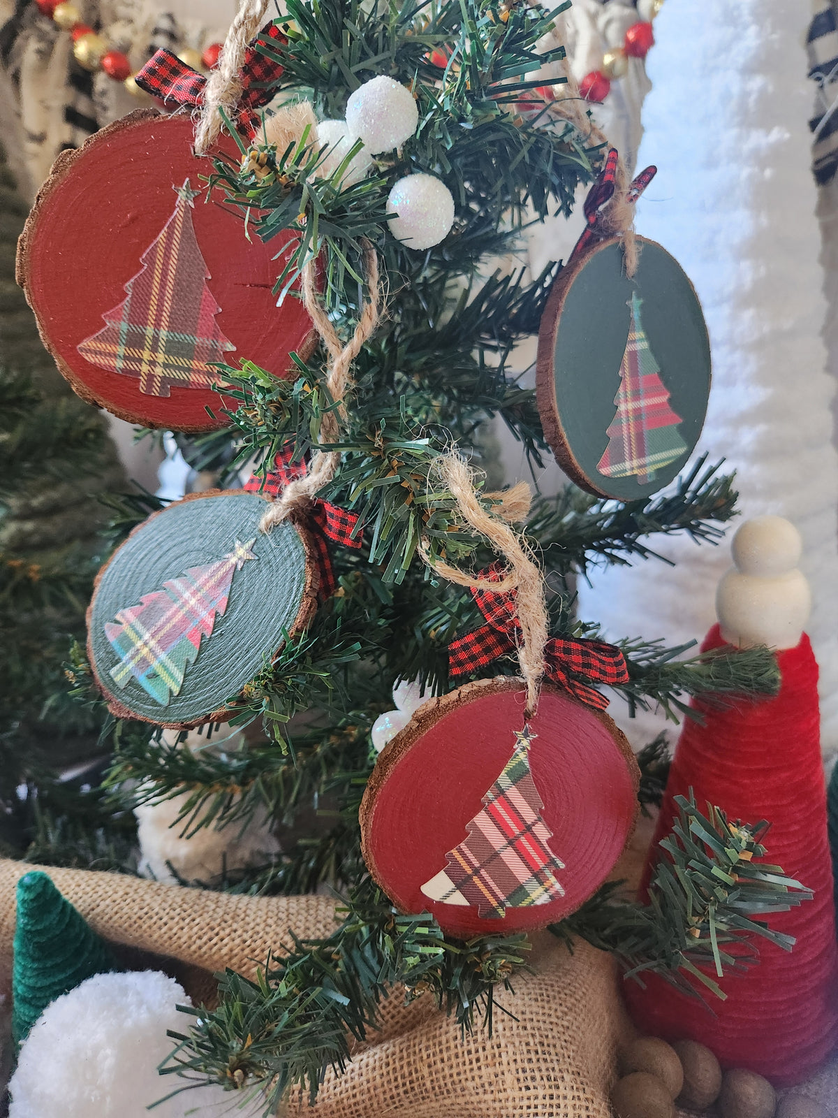 Religious Wood Slice Ornaments w/ Red Bow