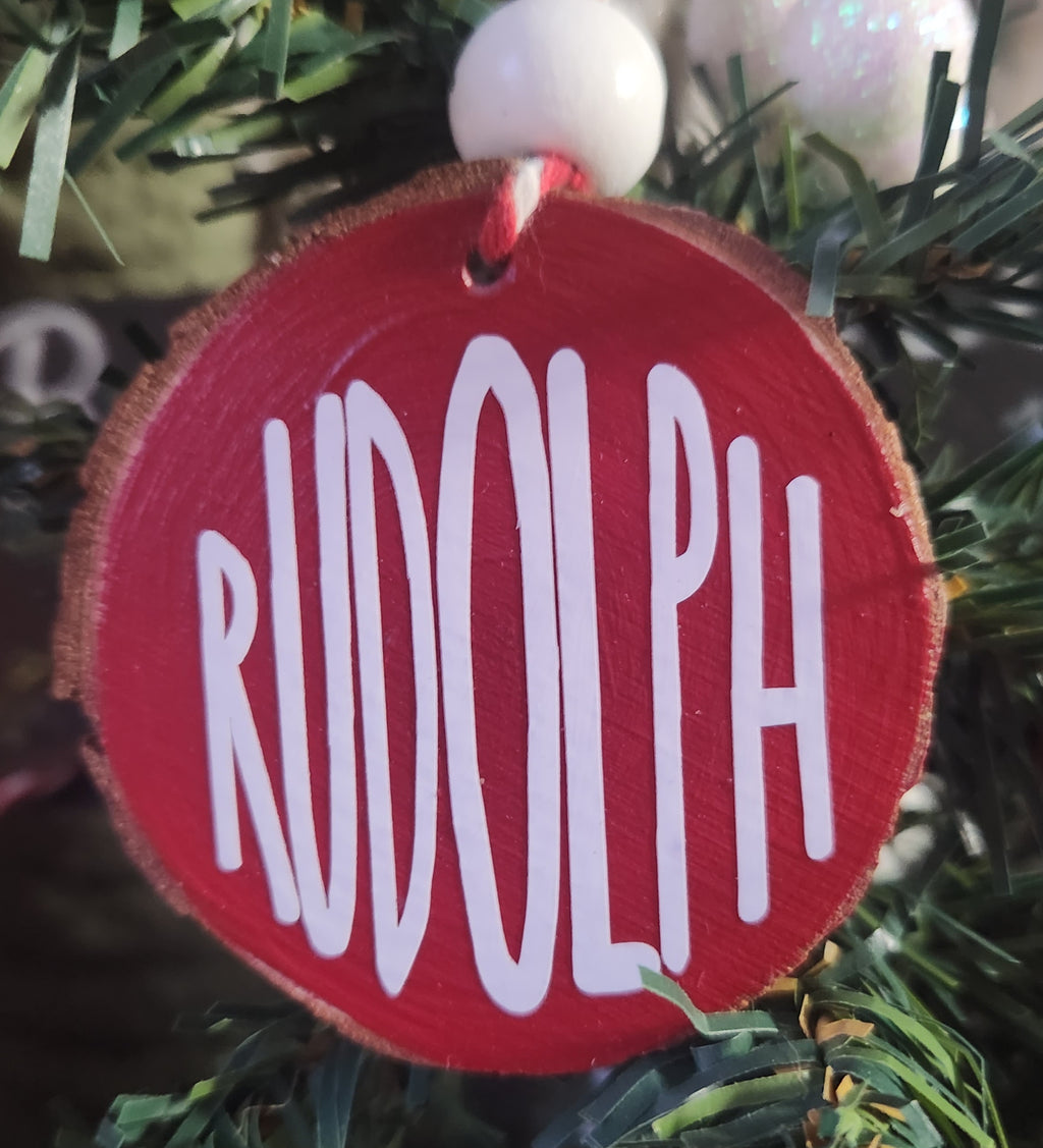 Reindeer Names Wood Slice Ornaments White Vinyl on Red