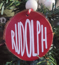 Reindeer Names Wood Slice Ornaments White Vinyl on Red