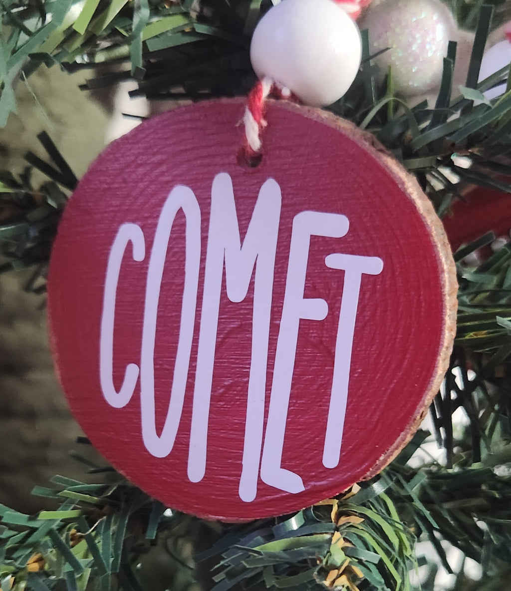 Reindeer Names Wood Slice Ornaments White Vinyl on Red