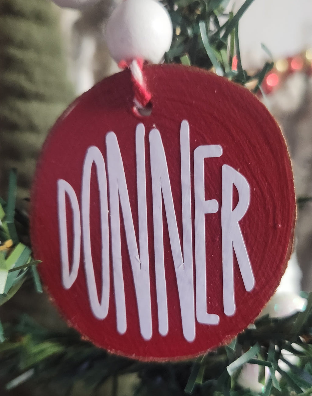 Reindeer Names Wood Slice Ornaments White Vinyl on Red