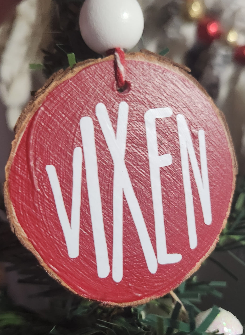 Reindeer Names Wood Slice Ornaments White Vinyl on Red