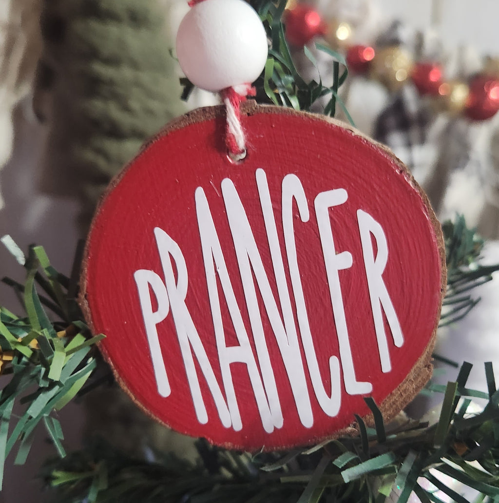 Reindeer Names Wood Slice Ornaments White Vinyl on Red