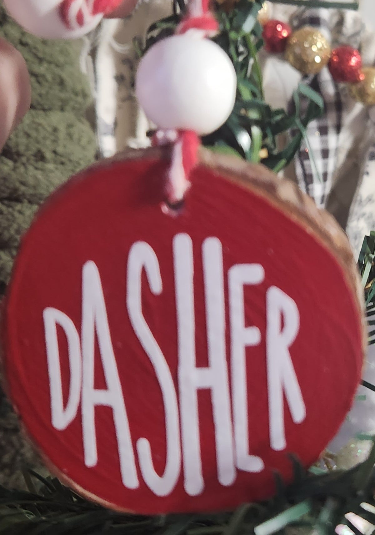 Reindeer Names Wood Slice Ornaments White Vinyl on Red