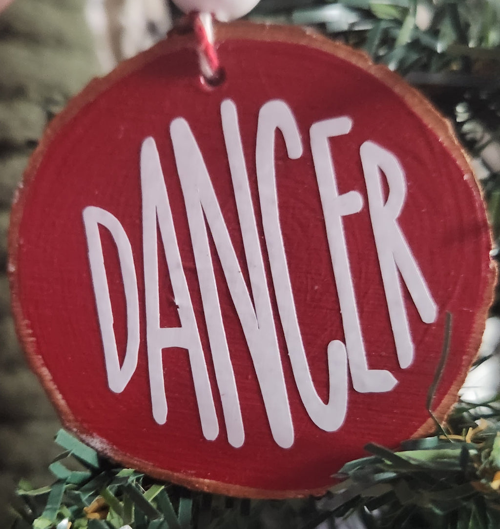 Reindeer Names Wood Slice Ornaments White Vinyl on Red