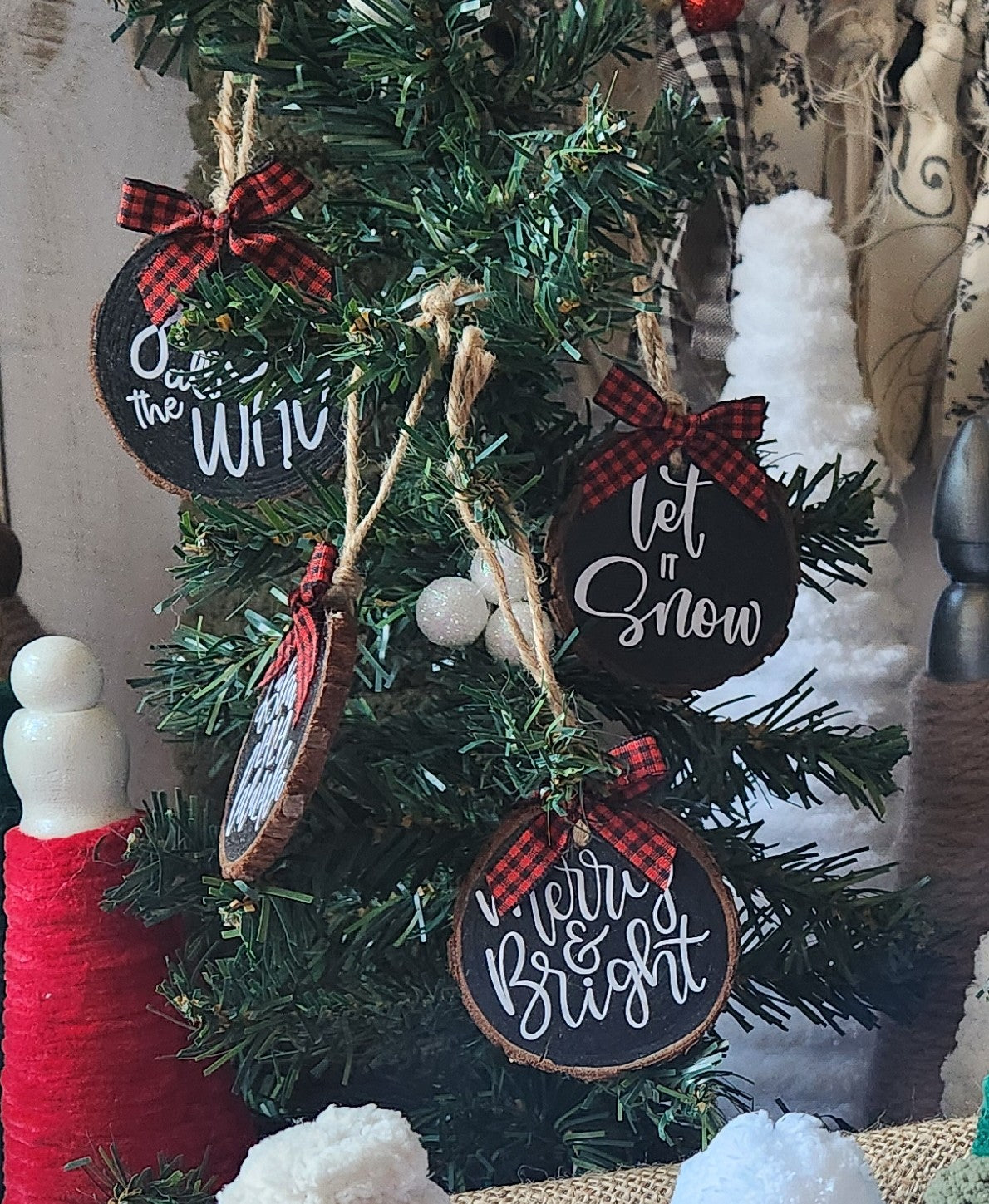 Christmas Song Phrases Wood Slice Ornaments Red bow