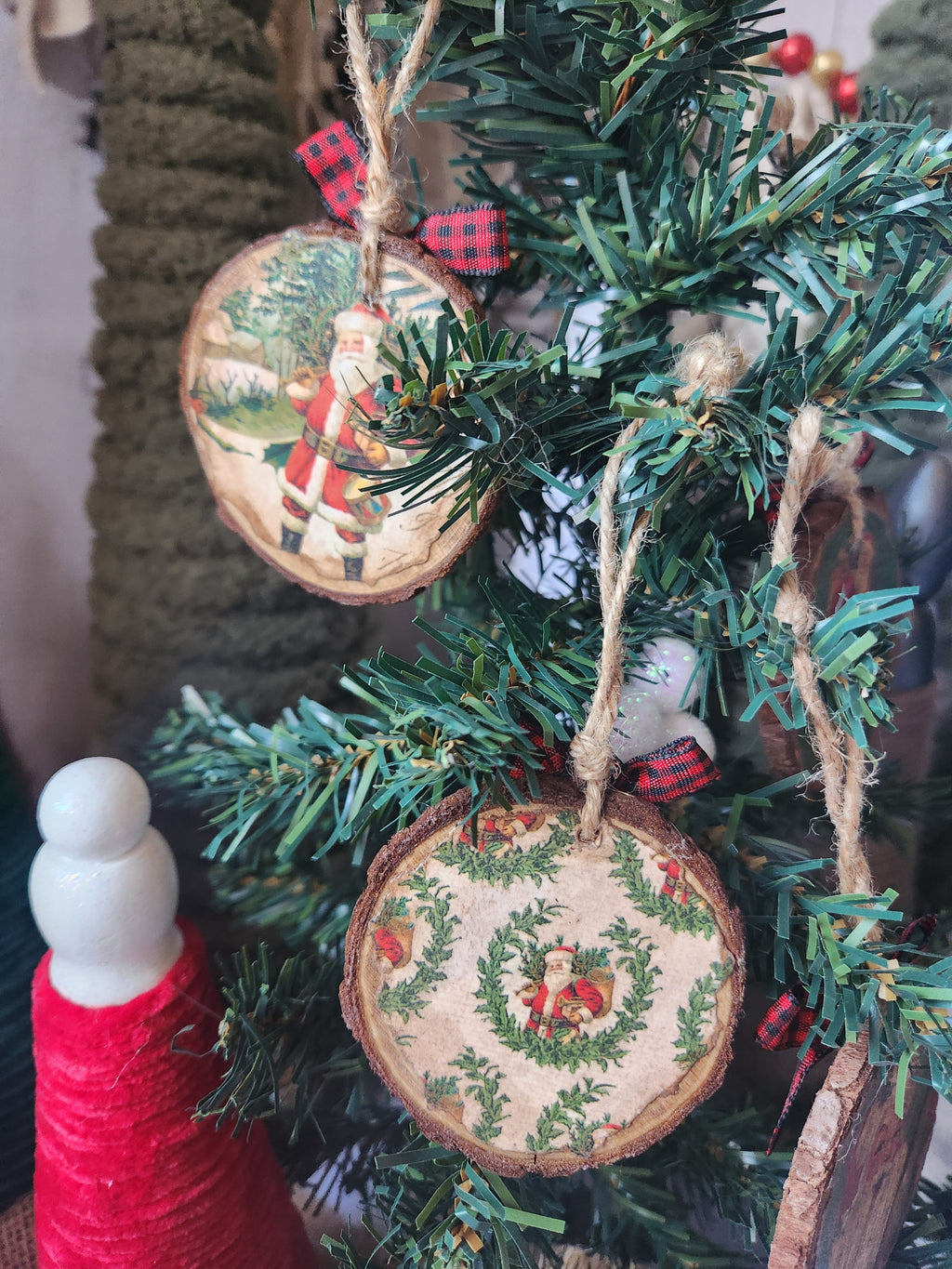 Christmas Song Phrases Wood Slice Ornaments Red bow
