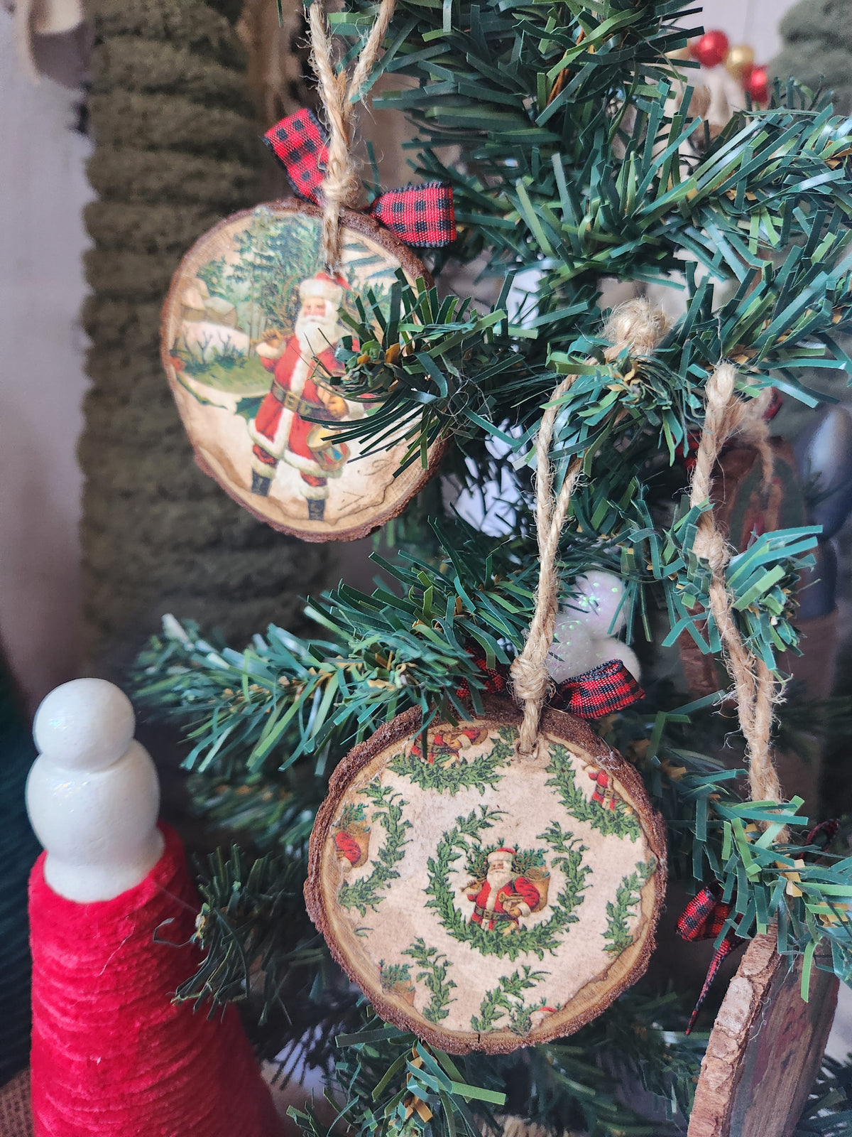 Christmas Song Phrases Wood Slice Ornaments Red bow