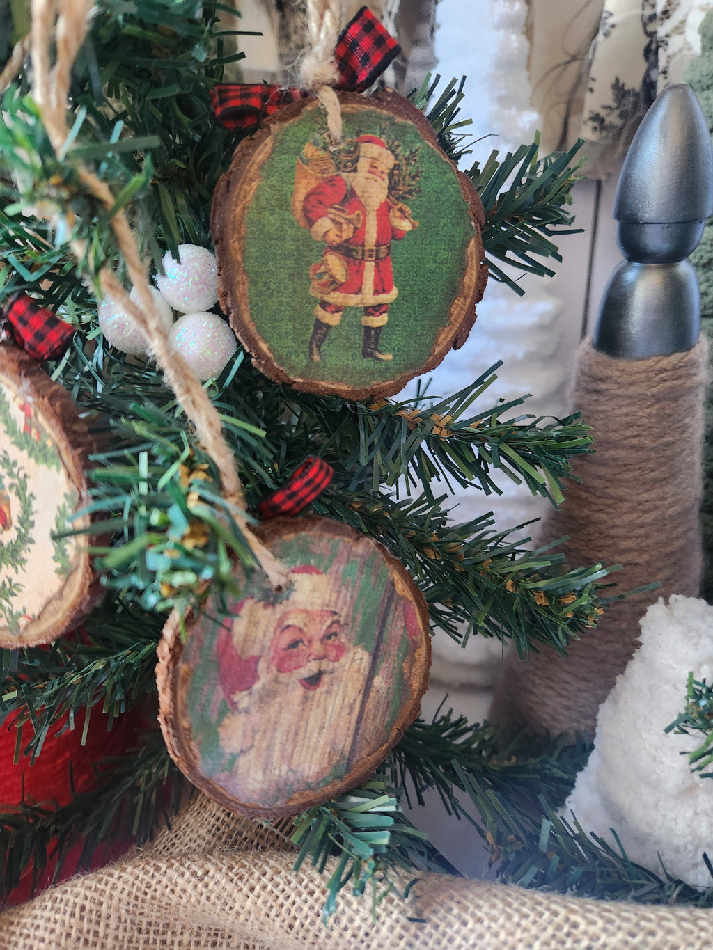 Christmas Song Phrases Wood Slice Ornaments Red bow