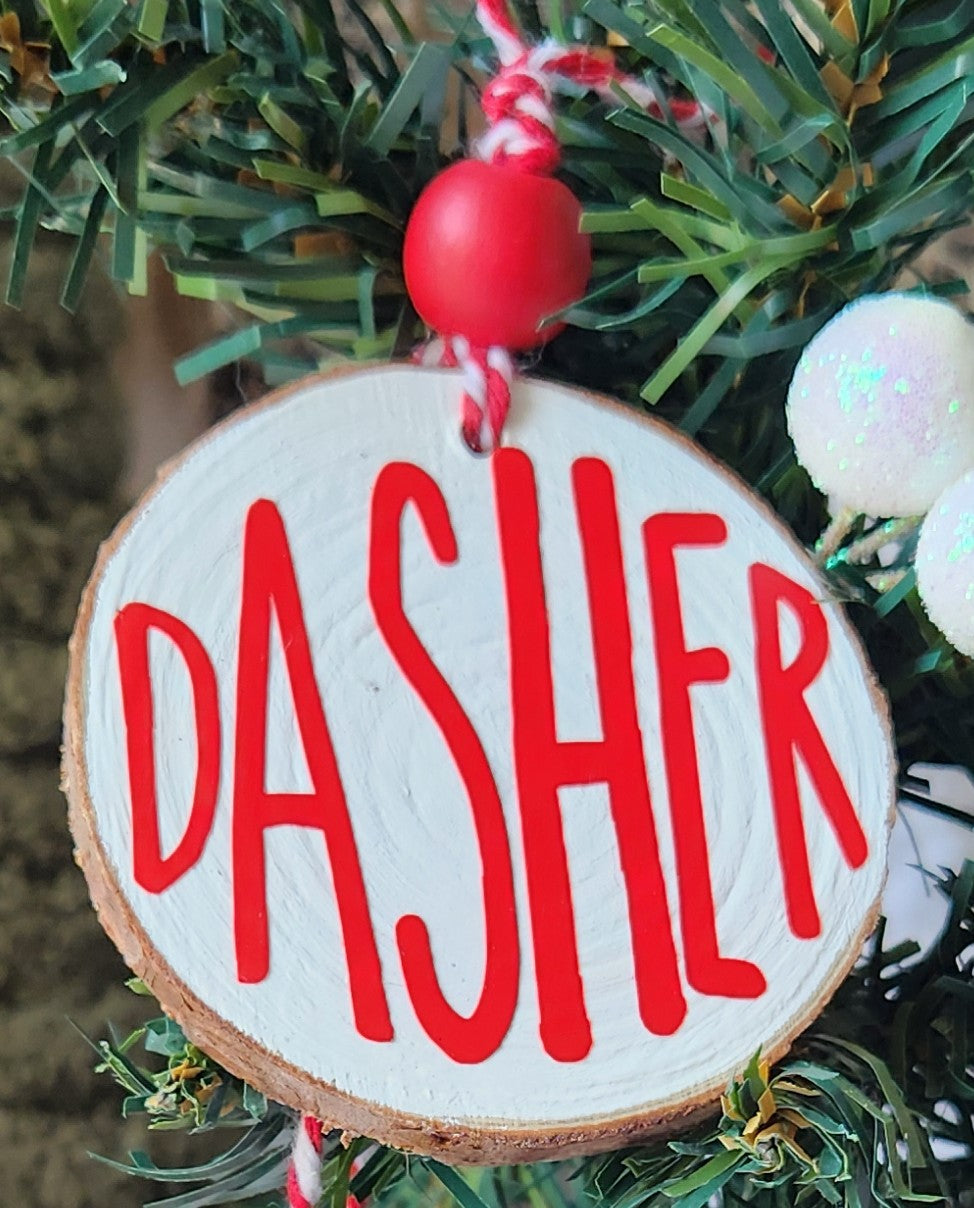 Reindeer Names Wood Slice Ornaments Red Vinyl on White
