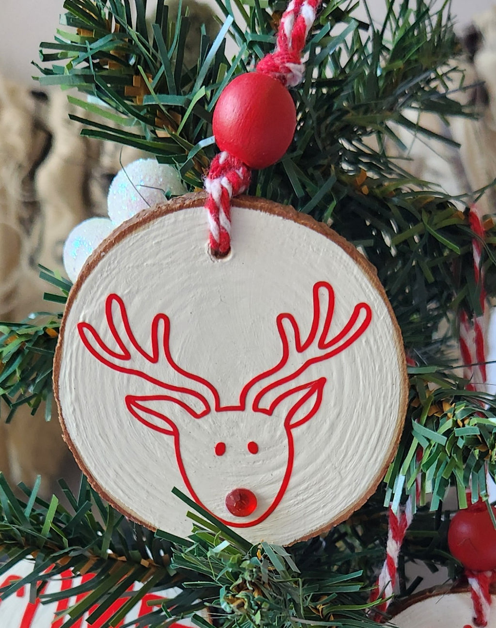 Reindeer Names Wood Slice Ornaments Red Vinyl on White