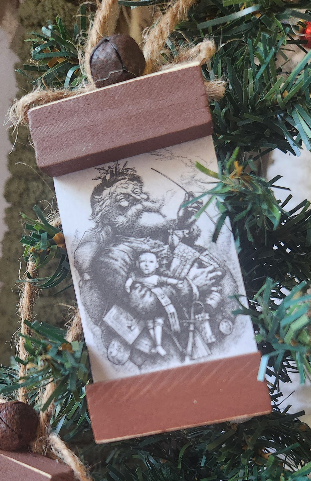 Scroll Wood Block Christmas Ornaments Vintage Print 1