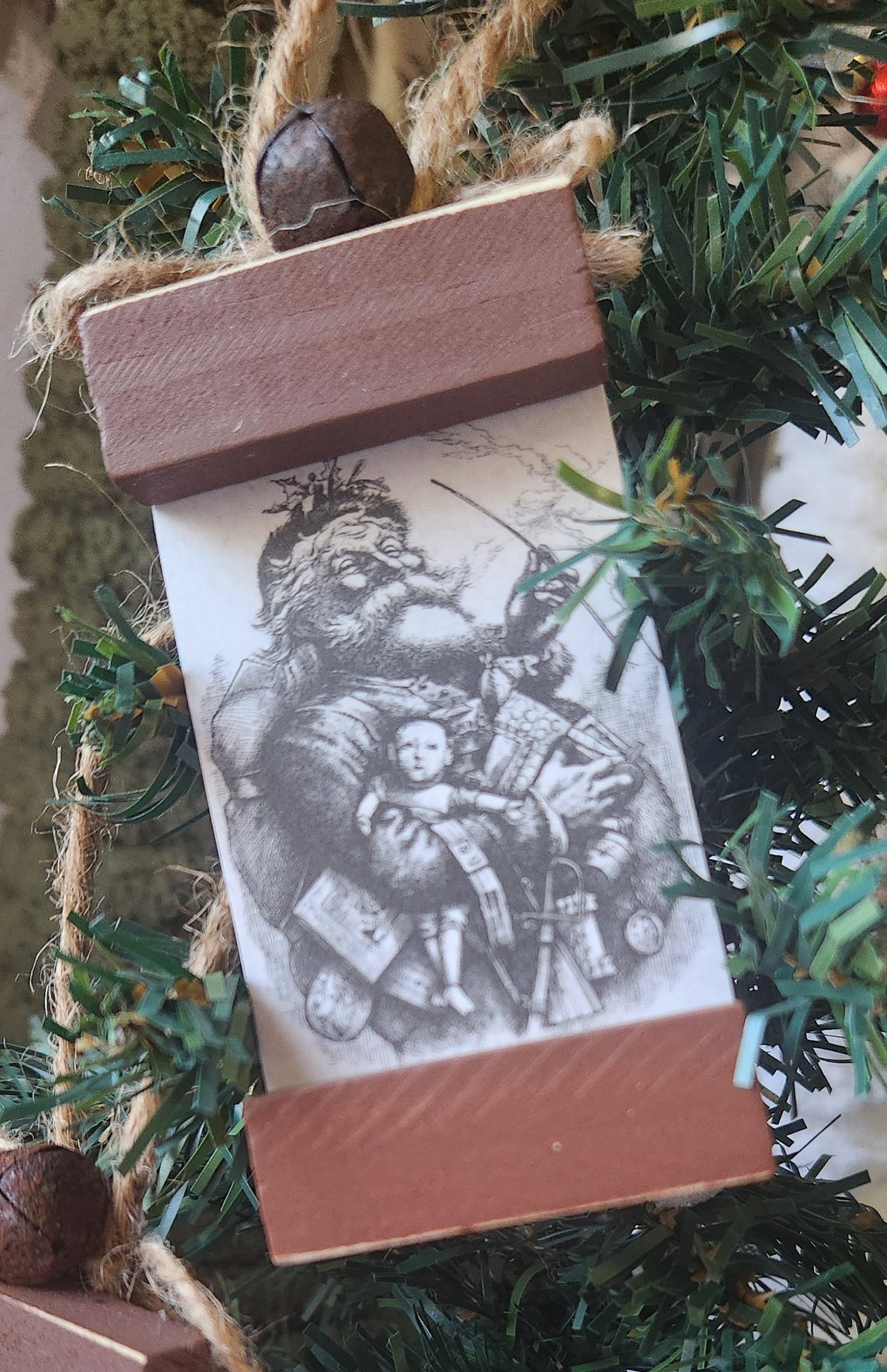 Scroll Wood Block Christmas Ornaments Vintage Print 1