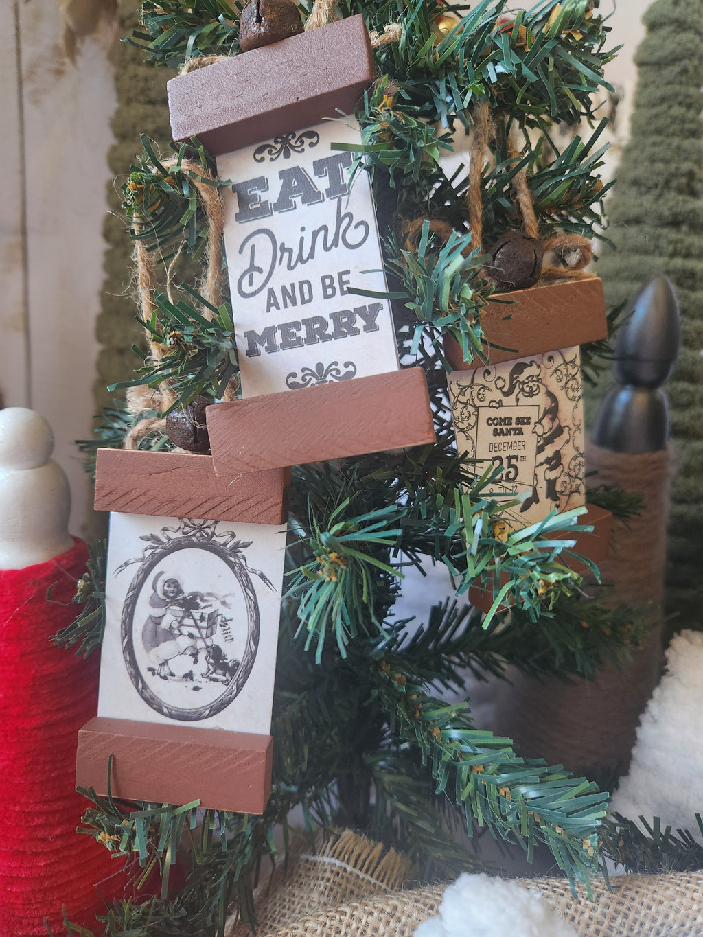 Scroll Wood Block Christmas Ornaments Vintage Print 2