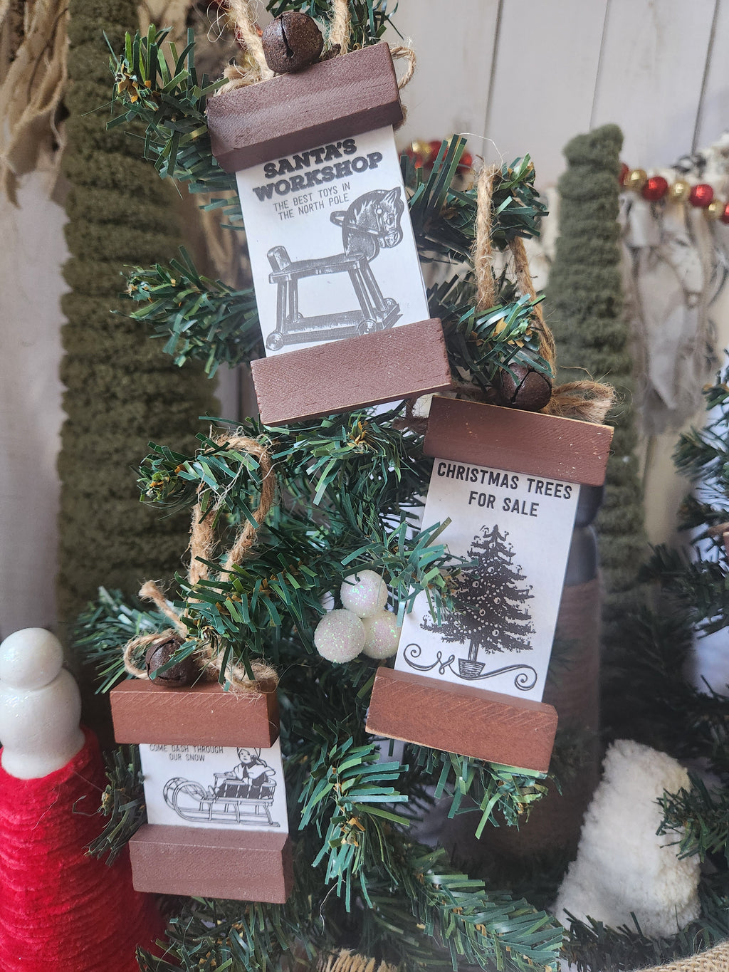 Scroll Wood Block Christmas Ornaments Vintage Print 3